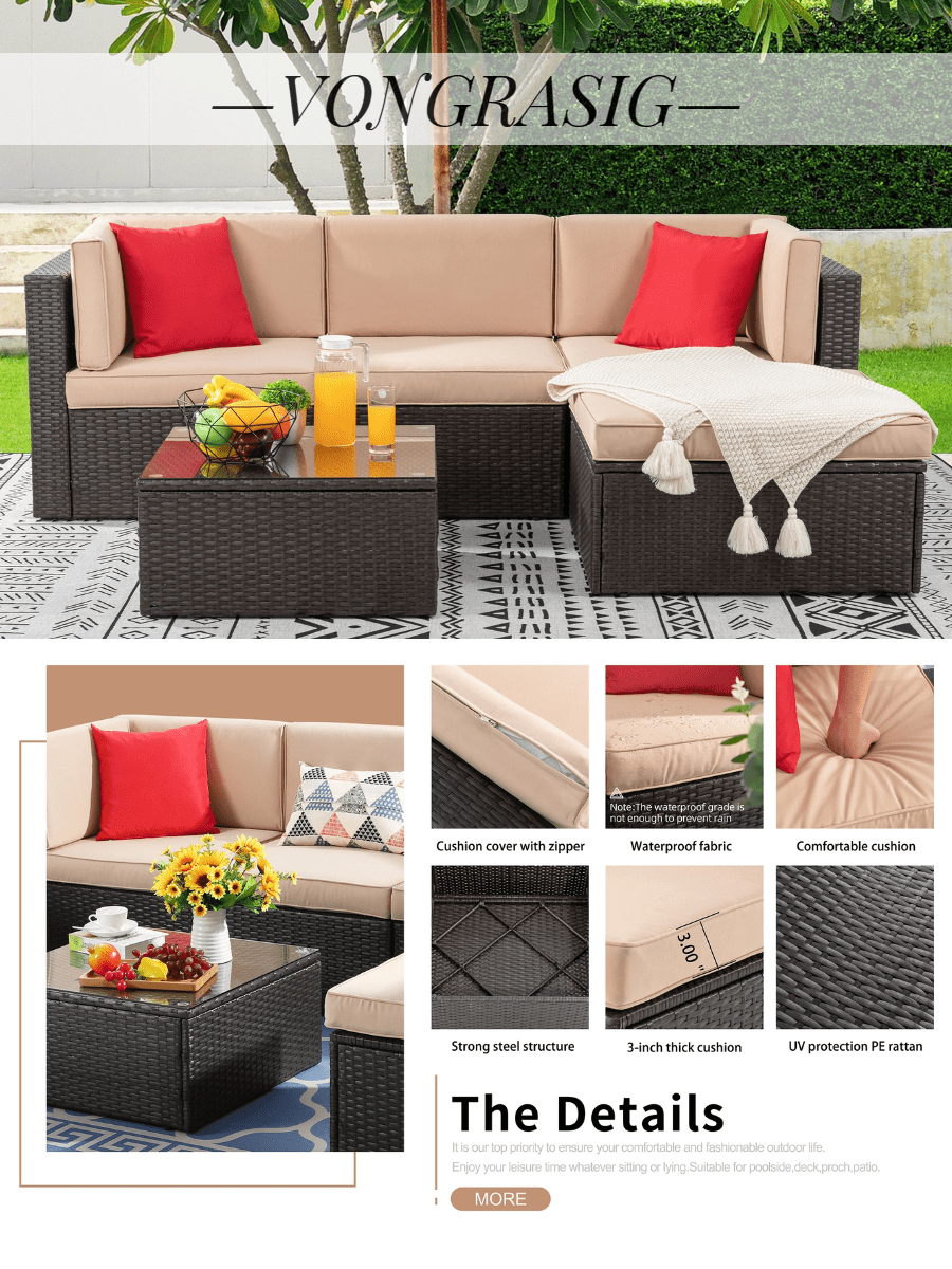 Vongrasig 5 Pieces Patio Furniture Sets Outdoor AllWeather Sectional