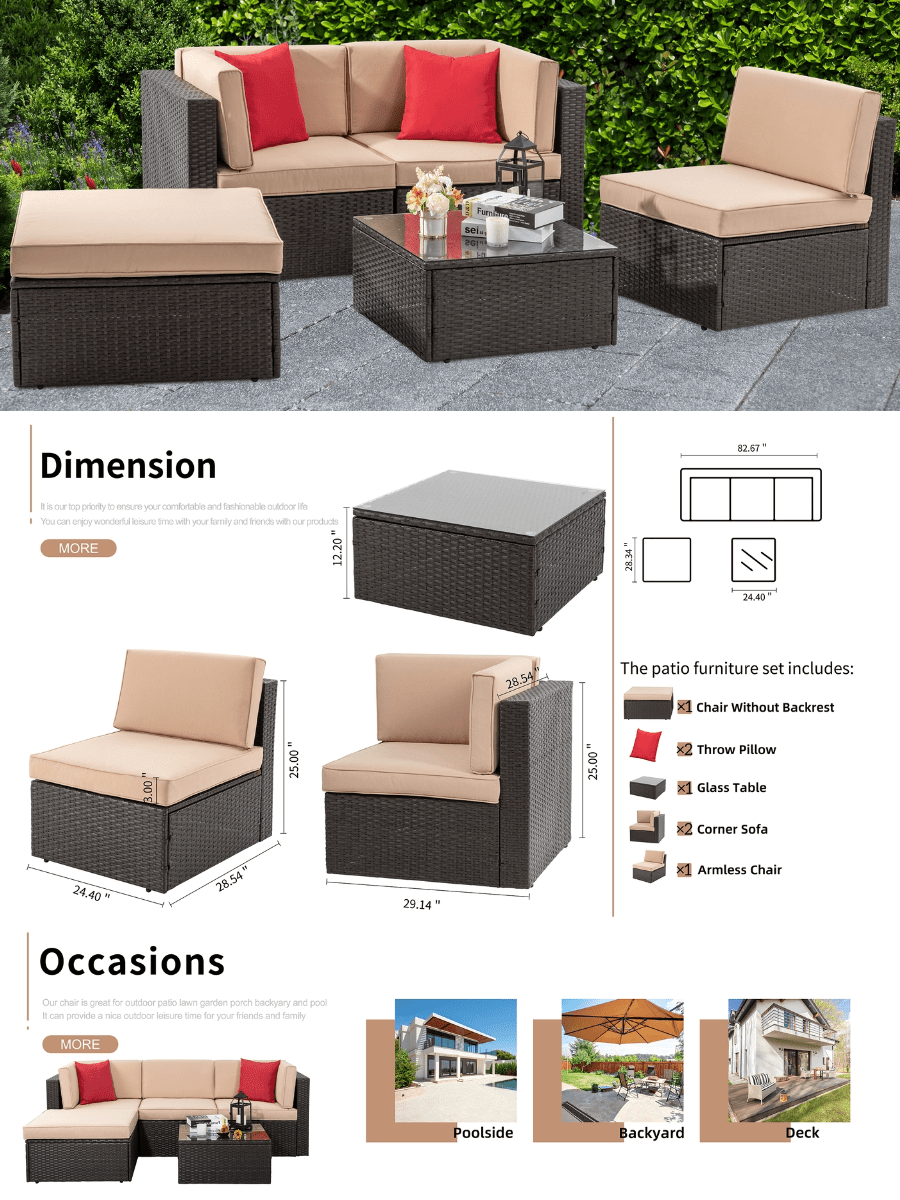 Vongrasig 5 Pieces Patio Furniture Sets Outdoor AllWeather Sectional