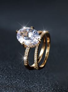 A Set Of Fashionable And Shiny Gold Color And White Cubic Zirconia Oval Ring - A Luxurious Gift For Girlfriend, Suitable For Date, Engagement, Wedding Or As A Festival Gift - Yellow Gold - View 4