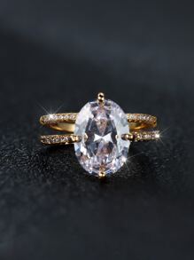 A Set Of Fashionable And Shiny Gold Color And White Cubic Zirconia Oval Ring - A Luxurious Gift For Girlfriend, Suitable For Date, Engagement, Wedding Or As A Festival Gift - Yellow Gold - View 3