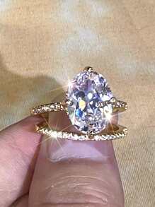 A Set Of Fashionable And Shiny Gold Color And White Cubic Zirconia Oval Ring - A Luxurious Gift For Girlfriend, Suitable For Date, Engagement, Wedding Or As A Festival Gift - Yellow Gold - View 2