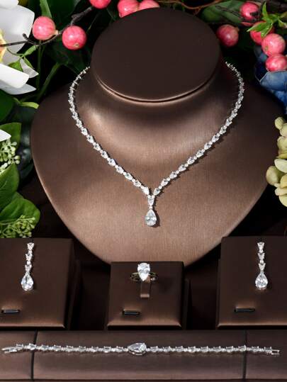 1 Conjunto Novo e da Moda Luxuoso com 4 Peças Conjunto de Joias com Colar e Brincos para Mulheres, Conjunto de Joias Nupcial de Dubai com Zircônia Cúbica Completa para Casamento e Festa