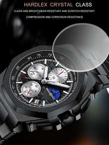 HANNAH MARTIN de hombres de acero inoxidable Reloj con negro esfera , sol con luna y estrella funciones , octagonal Funda , Calendario , resistente al agua - Negro - Ver 4