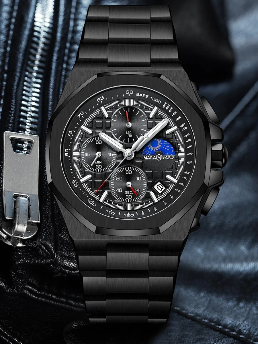 HANNAH MARTIN de hombres de acero inoxidable Reloj con negro esfera , sol con luna y estrella funciones , octagonal Funda , Calendario , resistente al agua