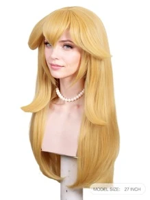 成年人尺寸27英寸金色公主假髮帶劉海金發長款波浪狀萬聖節角色扮演假髮適合女士化妝舞會假髮 - 金色 - 查看 3