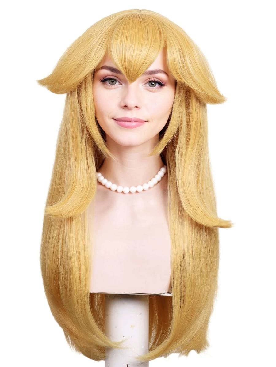 成年人尺寸27英寸金色公主假髮帶劉海金發長款波浪狀萬聖節角色扮演假髮適合女士化妝舞會假髮 - 金色 - 查看 1