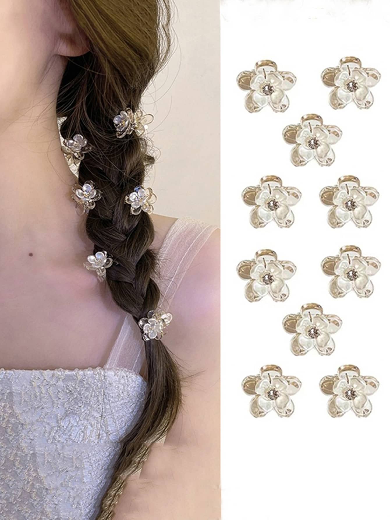 10pcs Mini Braided Hair Clip In Flower Shape, Sweet Style For Summer - Champagne - View 1