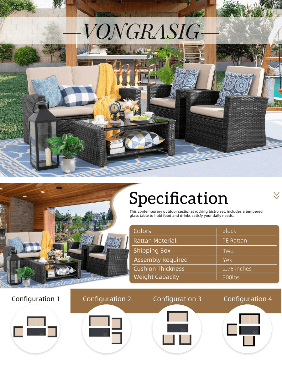 Vongrasig 4 Piece Outdoor Patio Furniture Sets, Outdoor Patio
