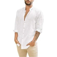 Camisa Cuello Mao Lino Hombre Casual Manga Larga Slim Fit - Blanco - Ver 2