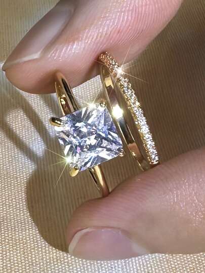 1件套時尚明亮金色顏色&白色氧化鋯訂婚結婚戒指套裝適用於禮品,日期和裝飾用品場合