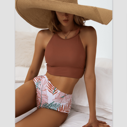 Nylon einfarbiges sexy Crop Top Bikini Set mit floraler High-Waist Shorts Bademode Sommer