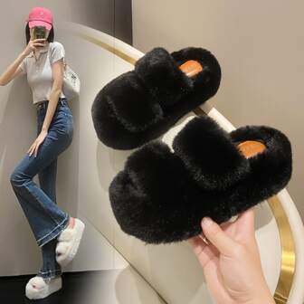 Women's Fashionable 7cm Heel Height Thick-soled Home Slippers With Warm Lining, Black