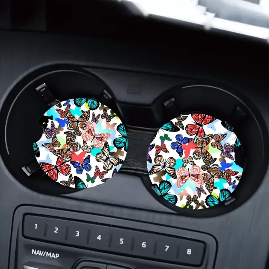 1 Set/2pcs Butterfly Pattern Print Car Cup Holder Coasters - Multicolor - View 1