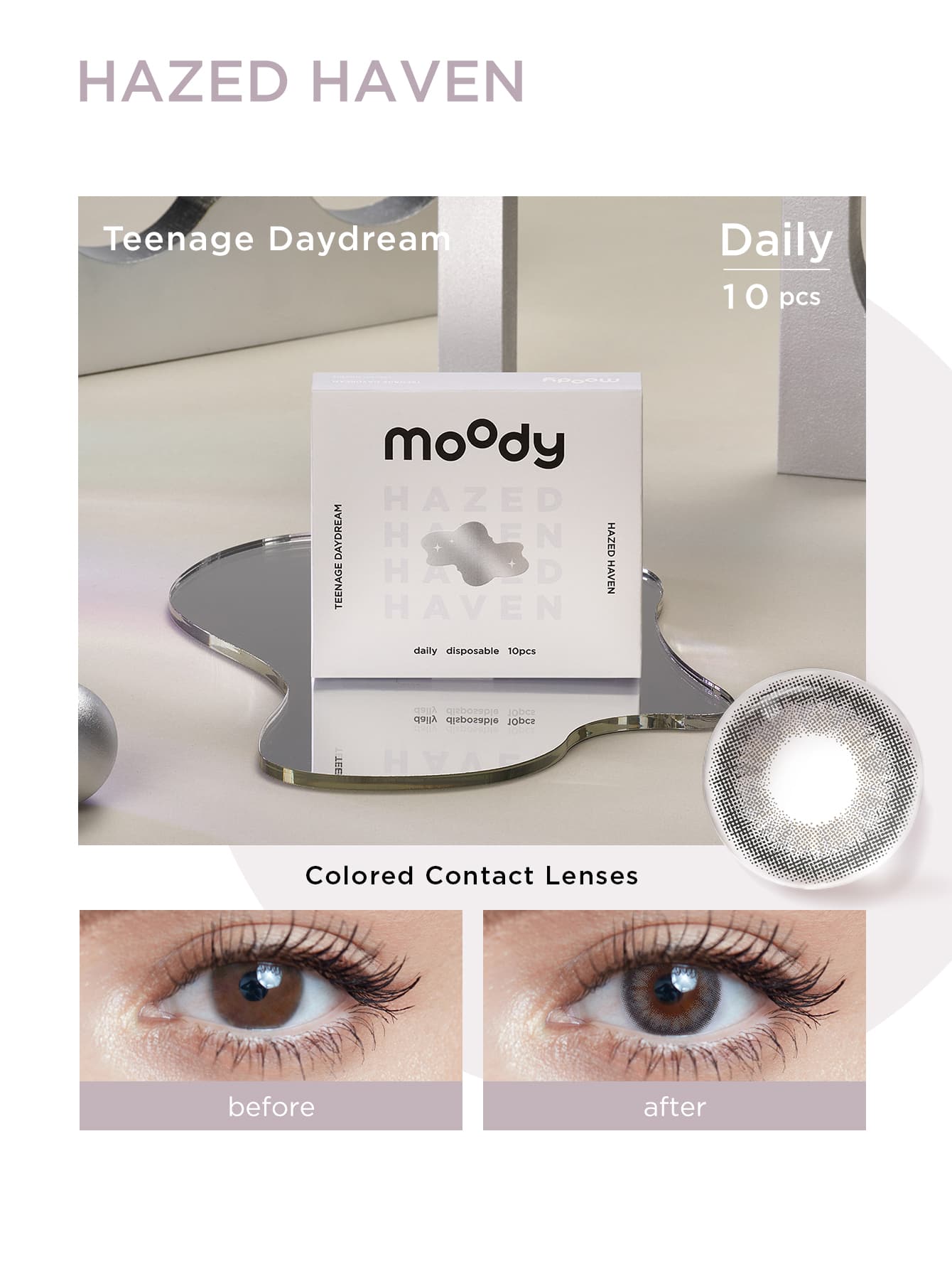 moody Daily Disposable Colored Contact Lenses Teenage Daydream Collection, Cosmetic Contact Lenses Eyeslens, Fashion Beautiful Classics Big Eyes Lens For Women & Girl, Hazed Haven (Hazy Grey) - 1 Day, 10 pcs - HAZED HAVED - View 1