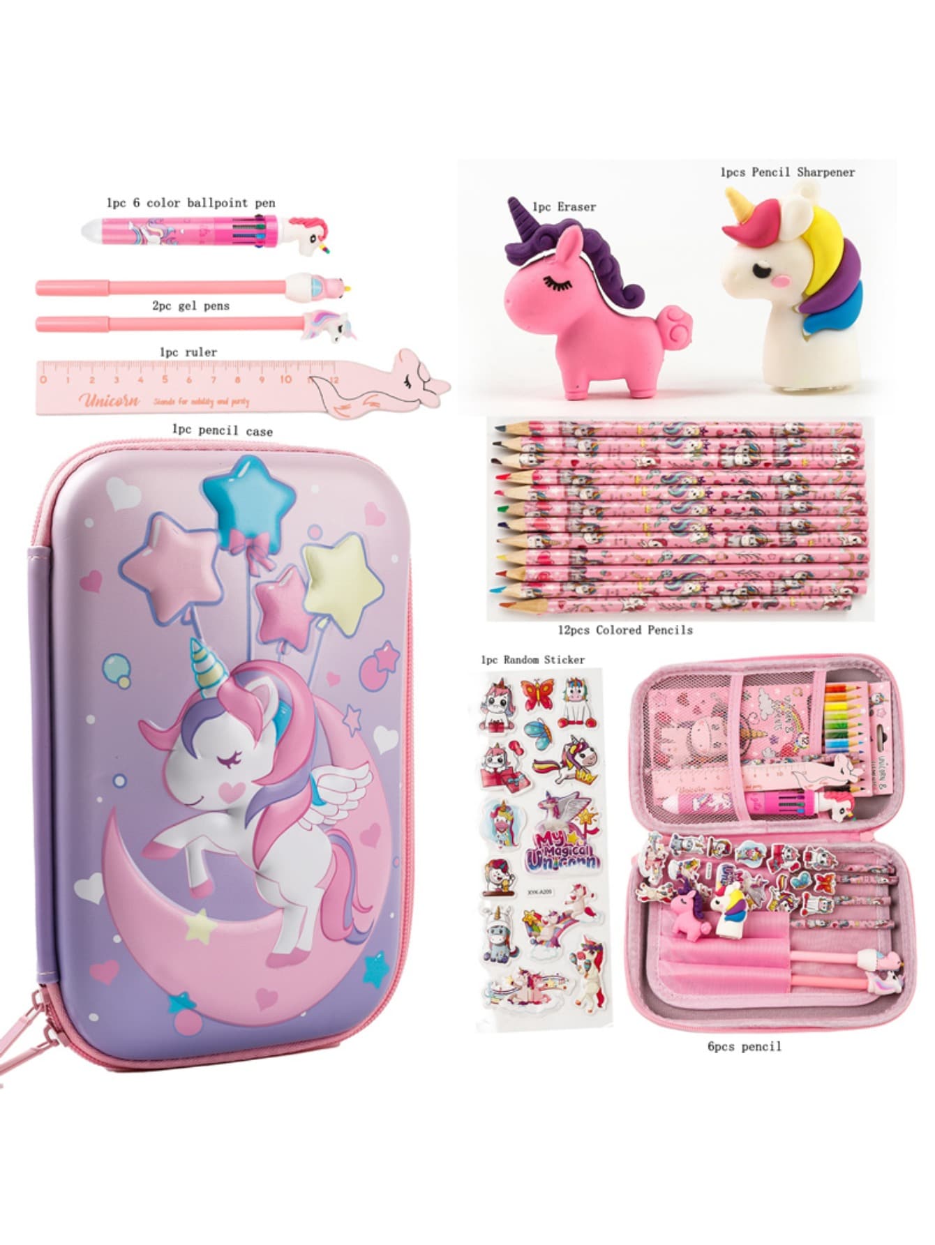 26Pcs Pencil Case Stationery Set ,Cute Unicorn Dinosaur Pencil Pouch ,3D EVA Pencil Pen Box Organizer With Compartment & Pencils Eraser Sharpener Sticker, Stationery Supplies Pink Blue,Back To School,Bag - Apricot - View 1