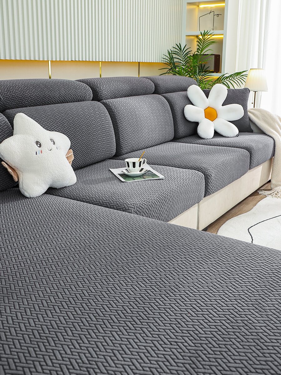 1pc Four Seasons Universal Velvet Jacquard Anti-slip Sofa Seat Cushion Cover, Modern Style Solid Color Anti-dirty Stretch Sofa Cover With Pet Protection And Cat Claw-proof Design, Suitable For L-shaped Sofa And 1/2/3/4 Seater Sofa In Living Room - 深灰色 - 查看 1