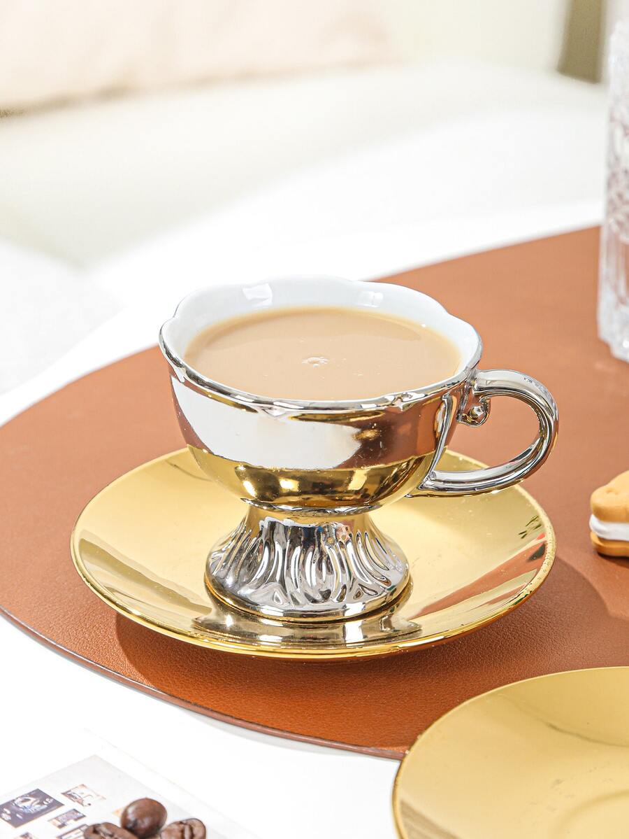 新款ins風格輕奢咖啡杯套裝,精美歐式風小奢華陶瓷咖啡杯套裝帶極簡風格茶杯&碟子(1杯子&1碟子) - 銀色 - 查看 1