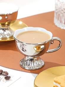 新款ins風格輕奢咖啡杯套裝,精美歐式風小奢華陶瓷咖啡杯套裝帶極簡風格茶杯&碟子(1杯子&1碟子) - 銀色 - 查看 4