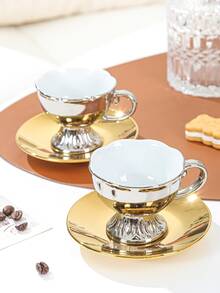 新款ins風格輕奢咖啡杯套裝,精美歐式風小奢華陶瓷咖啡杯套裝帶極簡風格茶杯&碟子(1杯子&1碟子) - 銀色 - 查看 5