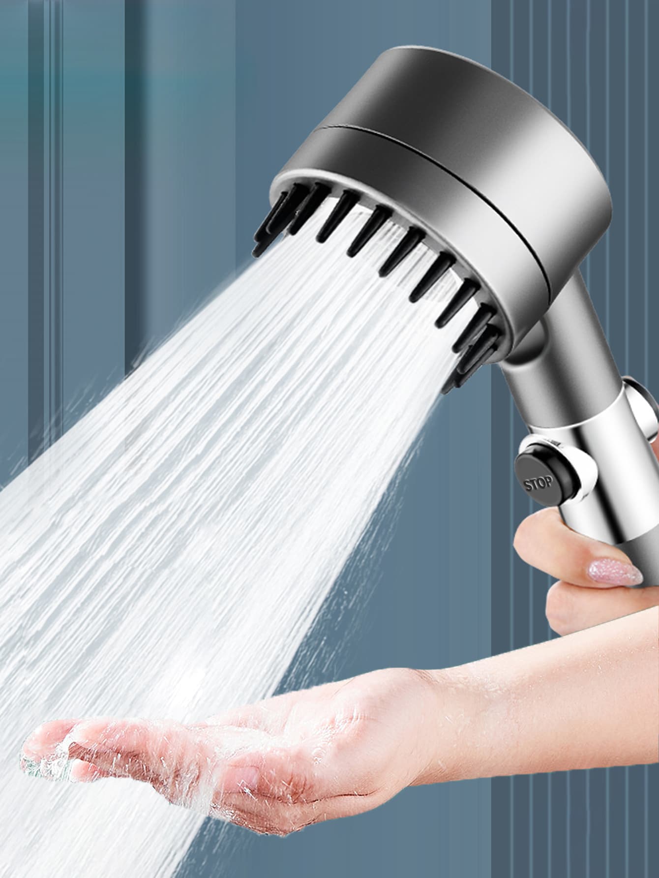 1pc High-pressure Shower Head, With Silicone S For Scalp Massage And 3 Water Jet Modes - Grey - View 1