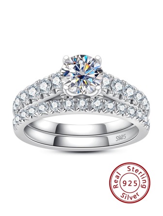 1 Set Of 2pcs 925 Silver & 1 Carat Amethyst Ring Set For Women, Engagement & Wedding Ring Set Bridal Jewelry