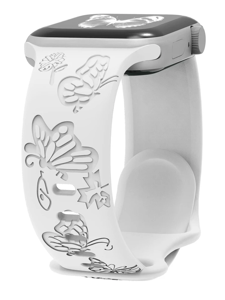 1pc Banda de silicona grabada con mariposa blanca compatible con la banda de Apple Watch Apple Watch Strap Band Apple Watch Strap Strap Bands 38mm 40mm 41mm 42mm 44mm 45mm 49mm Correa deportiva suave con mariposa de flores silvestres para mujeres linda correa de repuesto compatible con Series Ultra 9 8 7 6 5 4 3 2 Se Apple Watch Strap Band Apple Watch Strap Strap Strap - Blanco - Ver 1