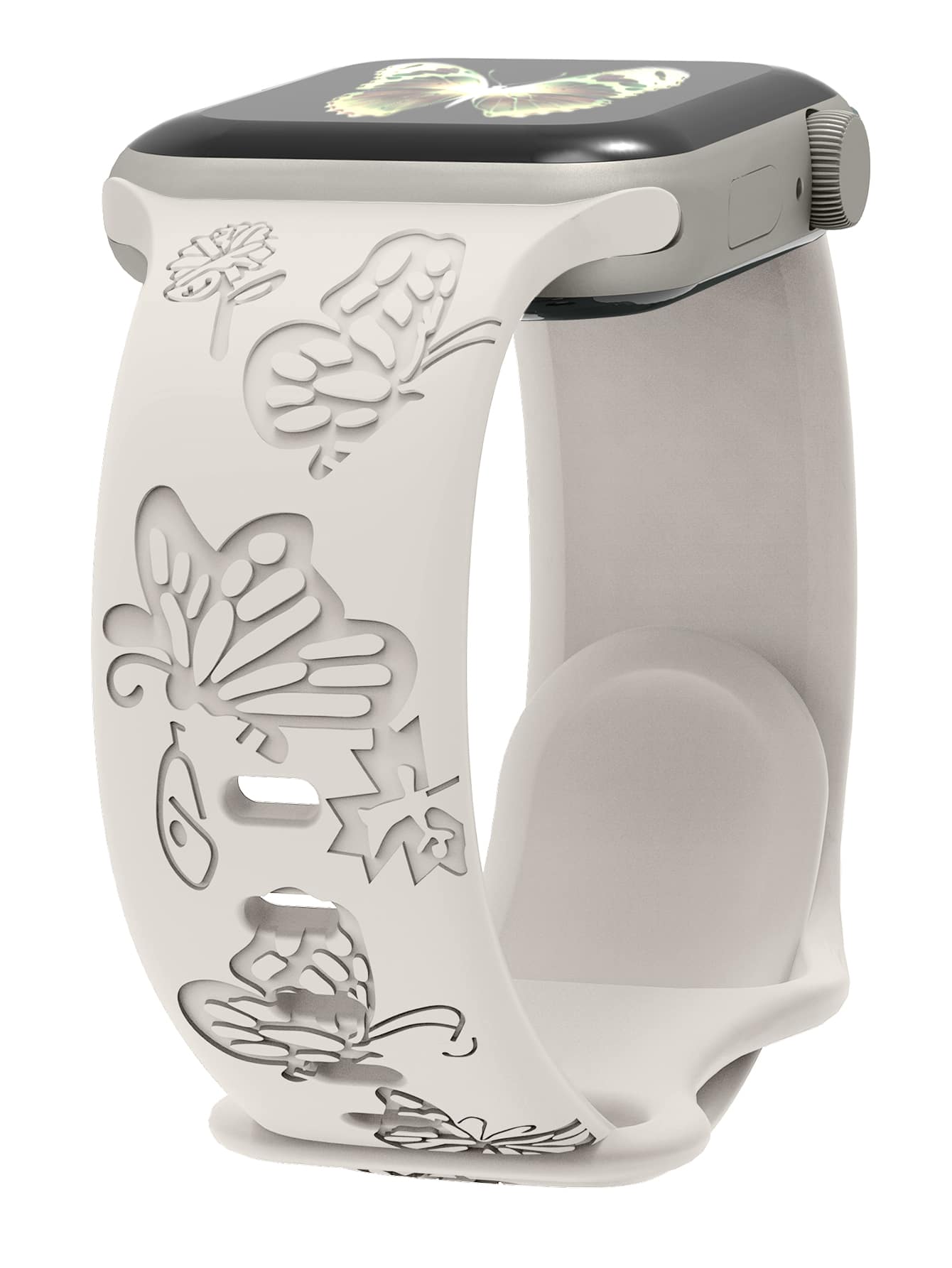 1pc Starlight Butterfly Engraved Silicone Band Compatible With Apple Watch Band Apple Watch Strap Band Apple Watch Band Apple Watch Strap Strap Bands 38mm 40mm 41mm 42mm 44mm 45mm 49mm Cute Women Wildflowers Butterfly  Soft Sport Apple Watch Band Apple Watch Strap Band Apple Watch Band Apple Watch Strap Strap Strap Replacement Wristbands For  Series Ultra 9 8 7 6 5 4 3 2 Se - Apricot - View 1