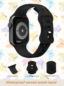 1入黑色蝴蝶刻印矽膠蘋果手錶帶，蘋果手錶帶帶，蘋果手錶帶帶，蘋果手錶帶帶，與蘋果手錶帶兼容，蘋果手錶帶帶，蘋果手錶帶帶，蘋果手錶帶帶，適用於38mm 40mm 41mm 42mm 44mm 45mm 49mm，可愛的女性野花蝴蝶柔和運動表帶替換手環，適用於 Series Ultra 9 8 7 6 5 4 3 2 SE - 黑色 - 查看 2
