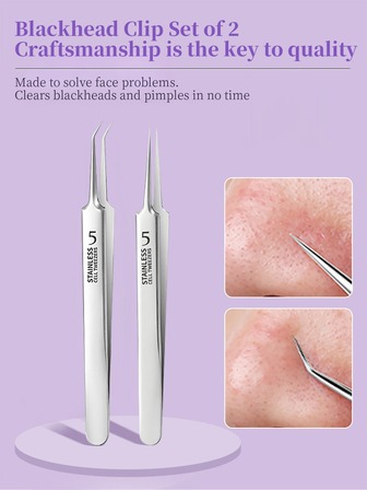 2入組專業超細不銹鋼鑷子適用於黑頭,粉刺&向內生長頭髮移動