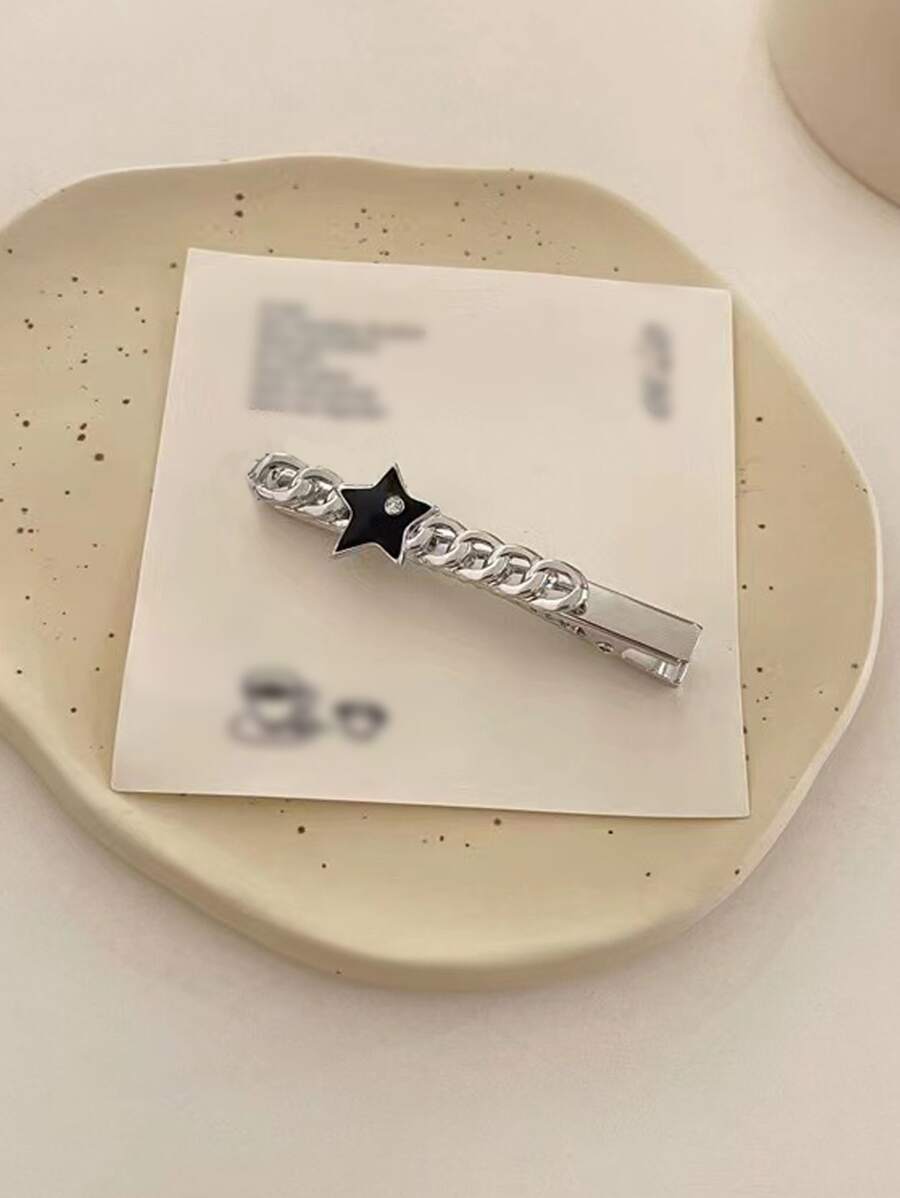 1pc Silver Star Shaped Hair Clip With Chain, Suitable For Everyday Use - Silver - View 1