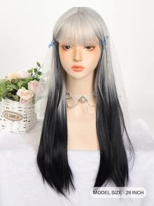合成纖維長款直發女性假髮銀漸變黑色假髮角色扮演洛麗塔劉海假髮派對假髮 - 彩色 - 查看 2