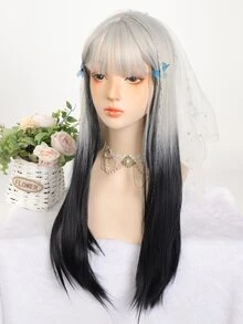 合成纖維長款直發女性假髮銀漸變黑色假髮角色扮演洛麗塔劉海假髮派對假髮 - 彩色 - 查看 5