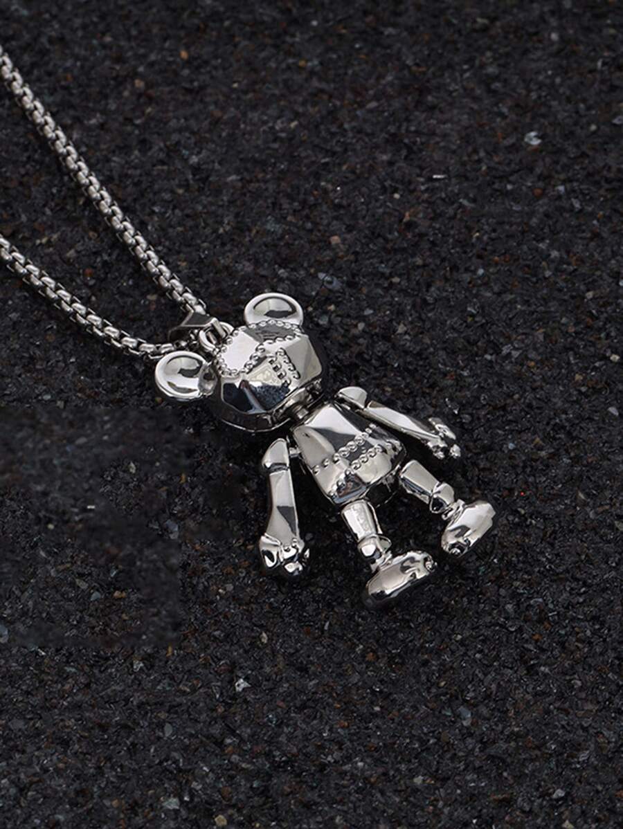 钛钢项链可动小熊男嘻哈朋克情侣长款毛衣链流行万能吊坠配饰品 - 銀色 - 查看 1