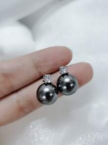 BALMORA 1pair French Elegant Vintage S925 Sterling Silver Shiny & Black Faux Pearl Stud Earrings For Women, Party/Banquet/Friendship Gift Holiday - Silver - View 6
