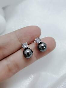 BALMORA 1pair French Elegant Vintage S925 Sterling Silver Shiny & Black Faux Pearl Stud Earrings For Women, Party/Banquet/Friendship Gift Holiday - Silver - View 4