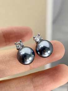 BALMORA 1pair French Elegant Vintage S925 Sterling Silver Shiny & Black Faux Pearl Stud Earrings For Women, Party/Banquet/Friendship Gift Holiday - Silver - View 5