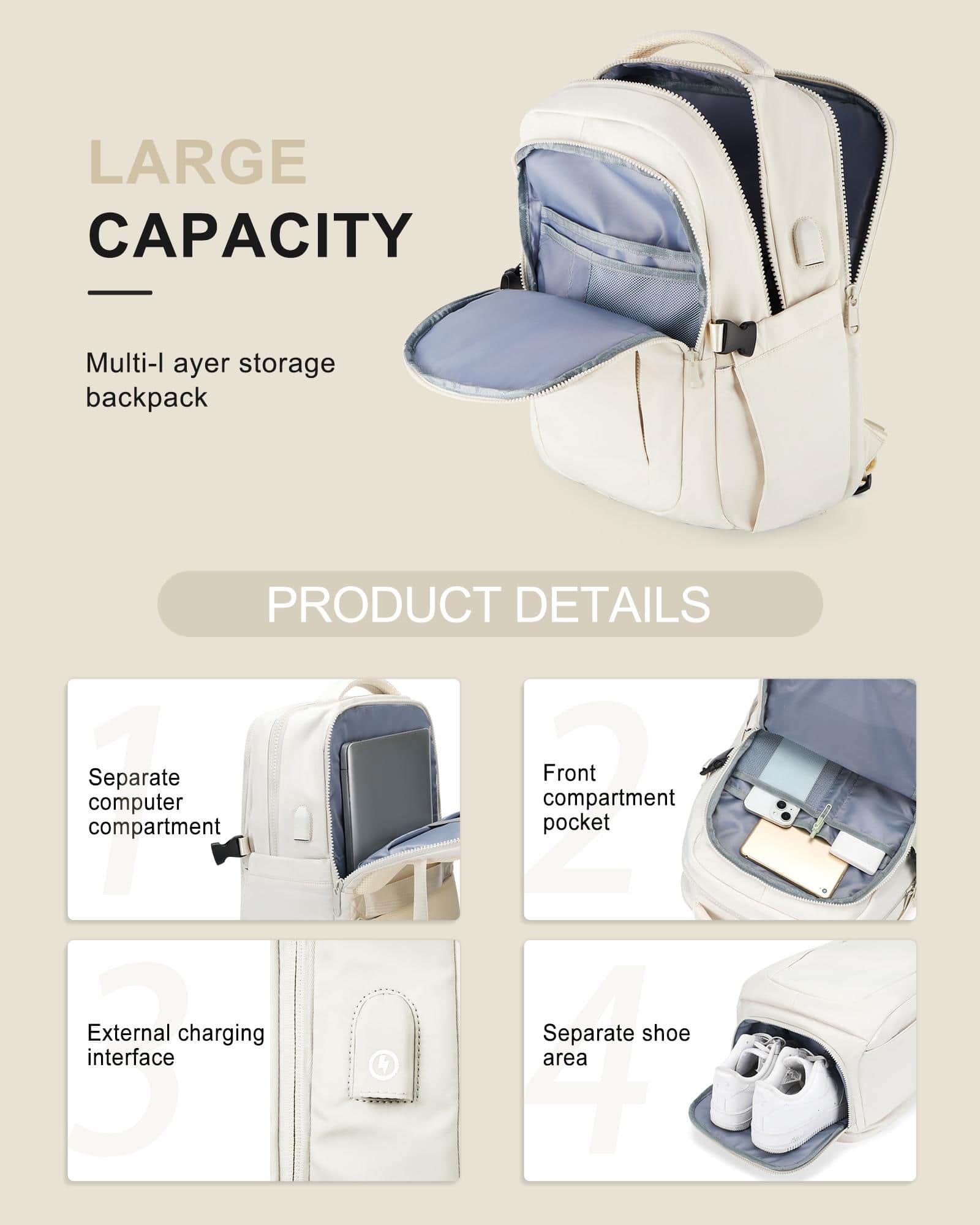 MOSISO Laptop Rucksack 15,6 Zoll - Mit USB Anschluss & Laptopfach