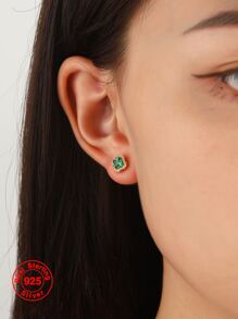 1雙女性S925純銀鍍金方形氧化鋯耳釘,時尚多用途首飾類禮品適合女士