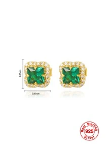 1雙女性S925純銀鍍金方形氧化鋯耳釘,時尚多用途首飾類禮品適合女士