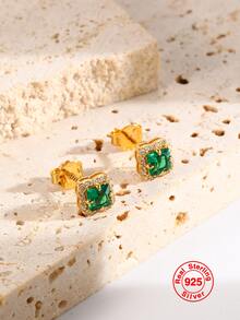 1雙女性S925純銀鍍金方形氧化鋯耳釘,時尚多用途首飾類禮品適合女士