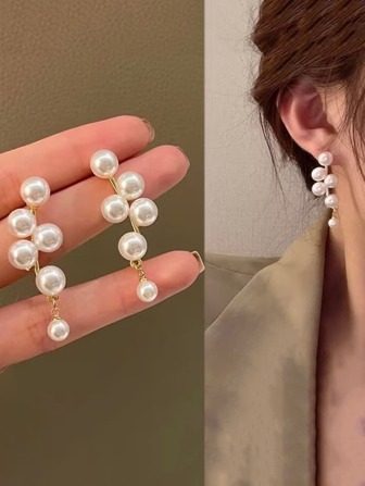 1pair Tassel & Faux Pearl Decor Stud Earrings Elegant Halloween