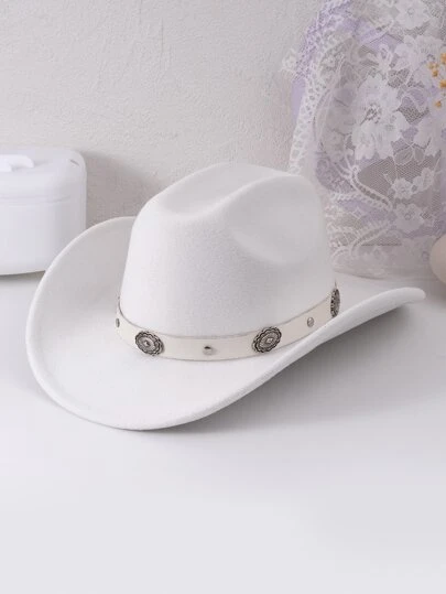 Un sombrero de vaquero/vaquera de unicolor para mujer, con banda de PU con tachuelas, adecuado para uso diario, vacaciones, fiestas, protección solar y uso diario