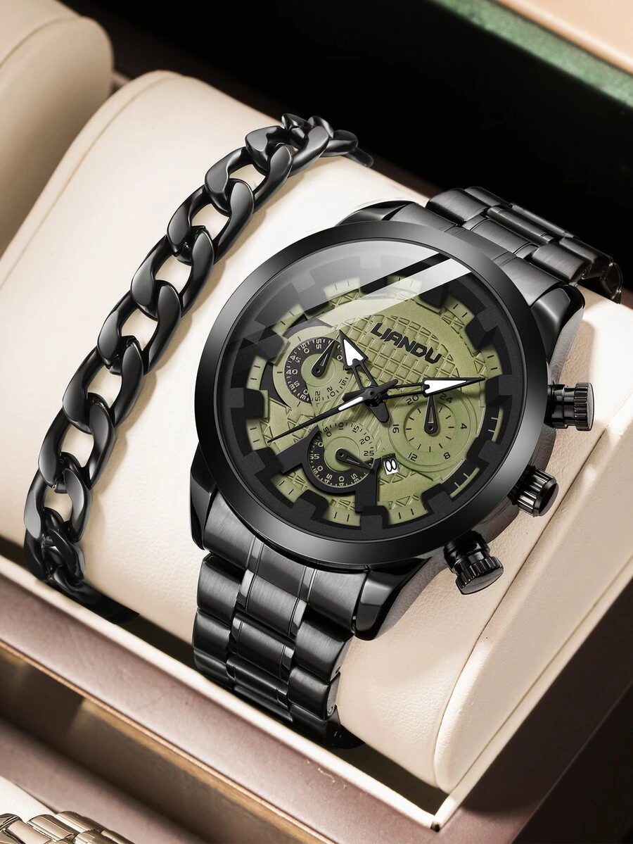 LIANDU LIANDU 1入組男式商務防水時尚石英手錶,圓形機械式錶盤,日曆和不鏽鋼錶帶;另外還有1入手鍊 - 黑色 - 查看 1