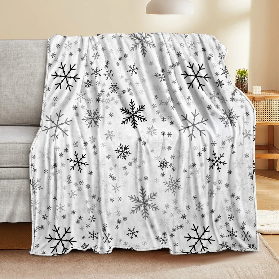 1片雪花印花毛毯,聖誕節主題圖案法蘭絨毯,全季節家居用品,兒童聖誕禮物 - 白色 - 查看 1