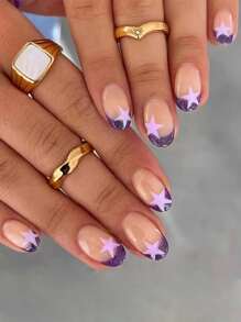 24 piezas/paquete Uñas redondo artificial con brillante estilo francés con patrón de estrella - Multicolor - Ver 1