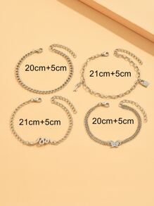 4pcs/Set Beach Style Key, Lock, Rhinestone Butterfly, Snake Chain Anklet Set, Suitable For Women Daily Wear - Silver - View 3