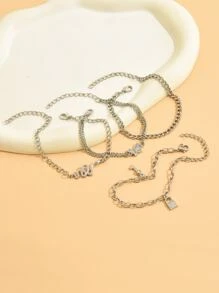 4pcs/Set Beach Style Key, Lock, Rhinestone Butterfly, Snake Chain Anklet Set, Suitable For Women Daily Wear - Silver - View 2