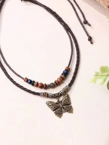 1 Peça Vintage Boêmio Borboleta & Contas De Madeira & Couro Pu Mulheres Colar