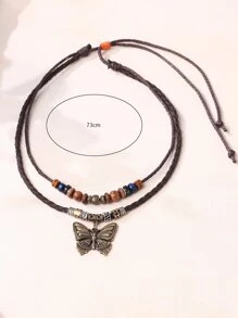 1 Peça Vintage Boêmio Borboleta & Contas De Madeira & Couro Pu Mulheres Colar