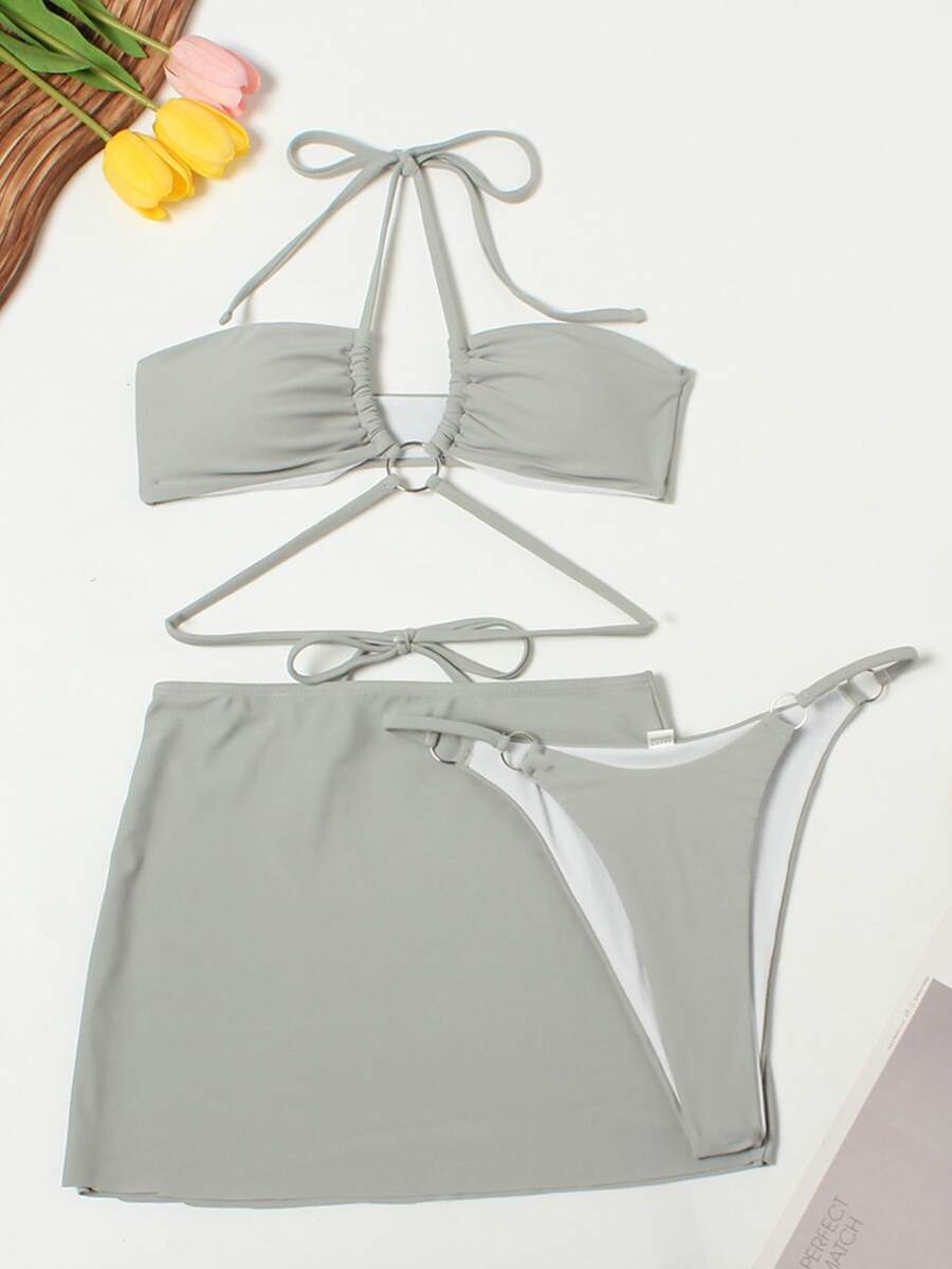 新款比基尼套装 3 件套裙式比基尼套装，系带，性感，非常适合海滩度假和冲浪夏日海滩 - 灰色 - 查看 1